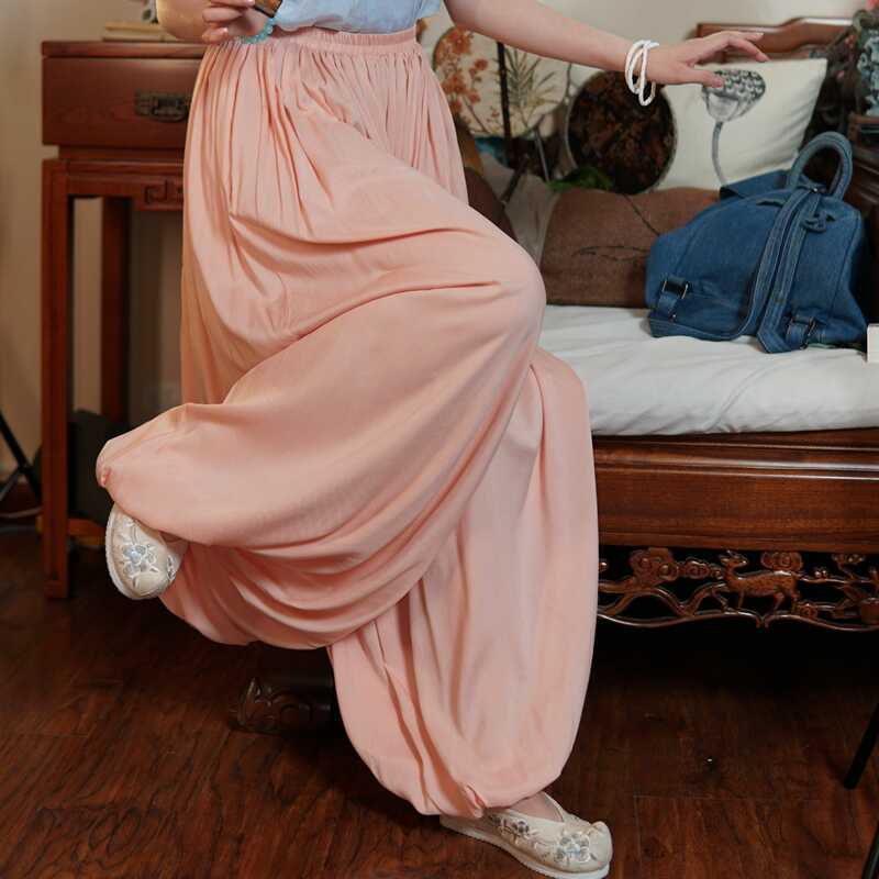 Imitation Hanfu Lantern Pants with Wide Legs, Eastern Han Elements, Elastic Waistband, Pockets, Rayon Lining, Thin Summer Style, Wei and Jin Dynasty Style