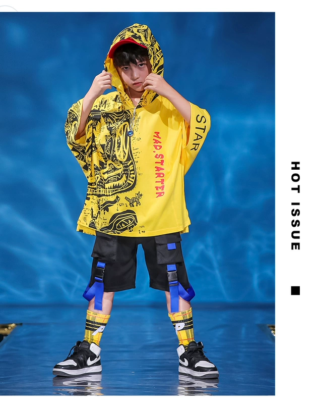 Bộ đồ hip-hop trẻ em bé trai hip-hop hợp thời trang quần đùi đi catwalk đẹp trai ngắn tay Hàn Quốc 2019 trang phục mùa hè mới - Trang phục