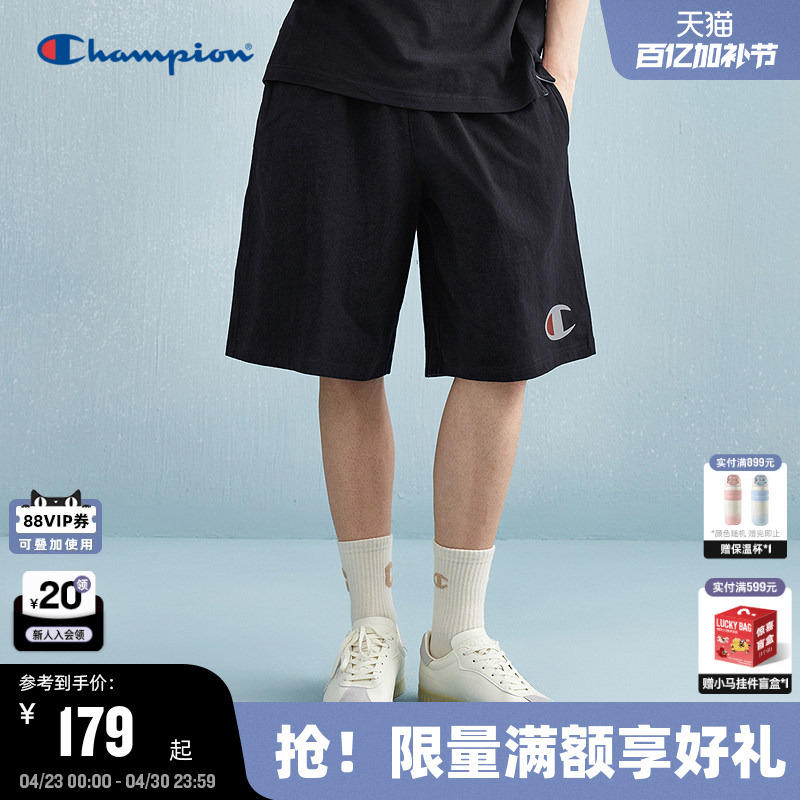 Champion Men's Summer Cotton Shorts Trendy Black Five-Point Shorts Casual Loose American Style