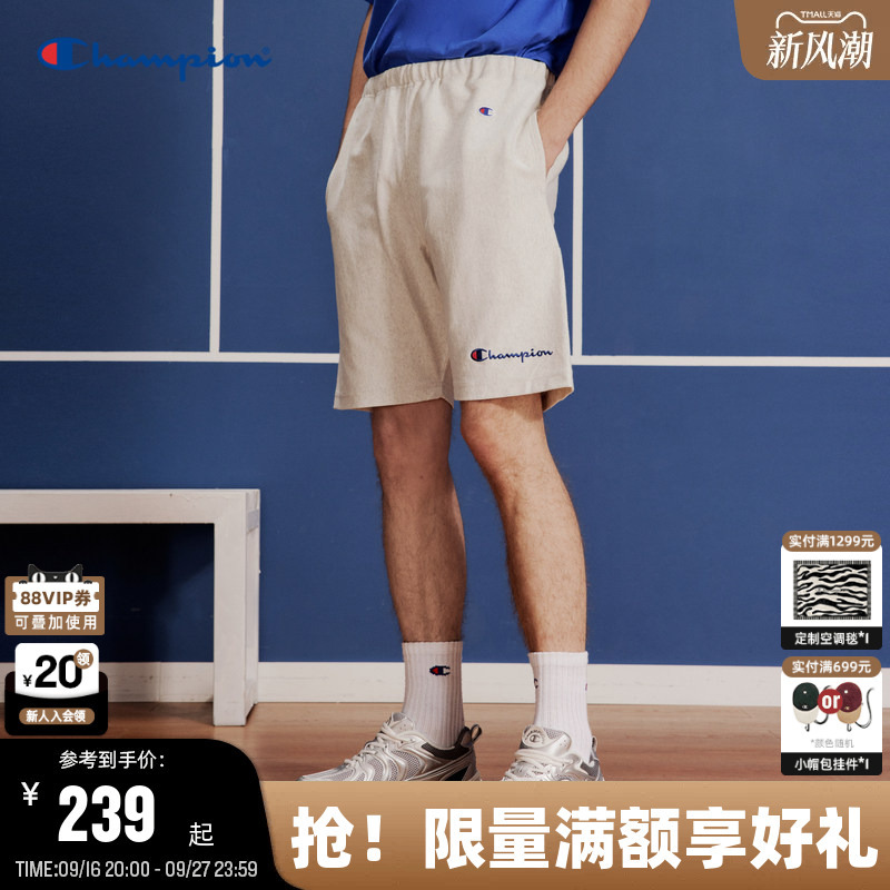Champion Men's Summer Shorts Official Embroidered Cursive Casual Pants Trendy Pure Cotton Straight-Leg Pants American Style