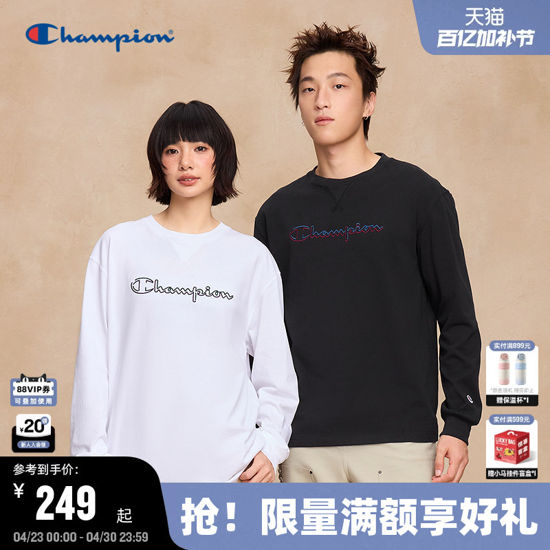 Champion Crew Neck Long-Sleeve T-Shirt for Men, New Autumn Base Layer Shirt with 3D Embroidery, Couple Style for Women
