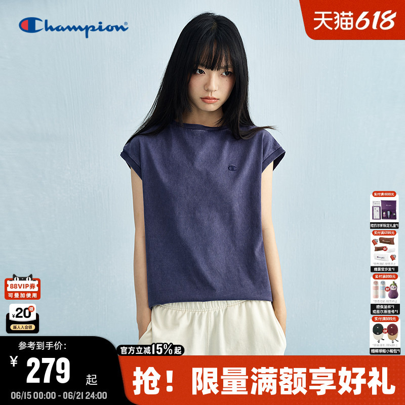 Champion Women's Short-Sleeve 25 Summer Sleeveless Denim-Style Vintage T-Shirt Pure Cotton Champion Women's Short-Sleeve 25 Summer Sleeveless Denim-Style Vintage T-Shirt Pure Cotton