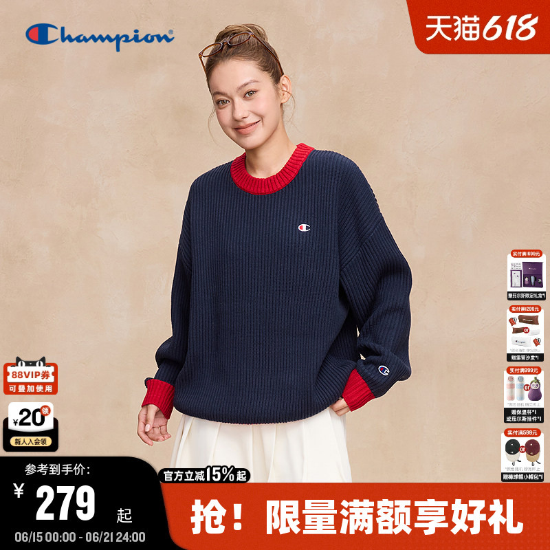 Champion Men's Sweater 2025 Autumn New Mixed Color Patchwork Crew Neck Knitwear Warm American Style