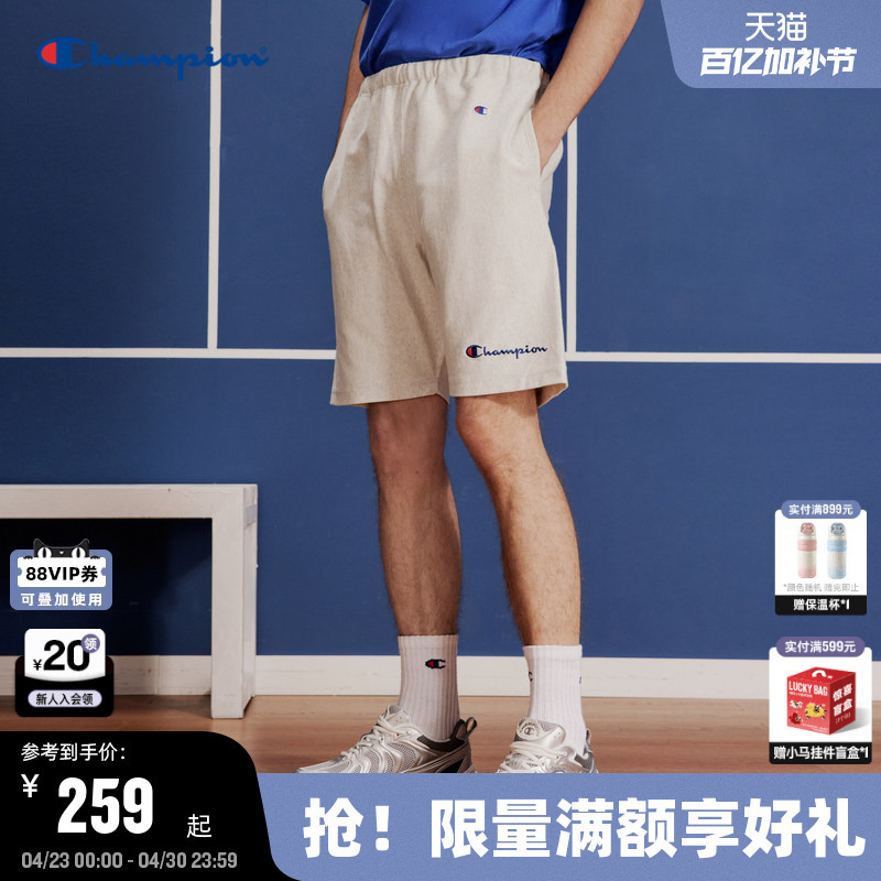Champion Men's Summer Shorts Official Embroidered Cursive Casual Pants Trendy Pure Cotton Straight-Leg Pants American Style