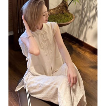 Privately customized new Chinese style national style Zen tea clothes 2024 summer new style buttoned sleeveless tops and wide-leg pants two-piece set