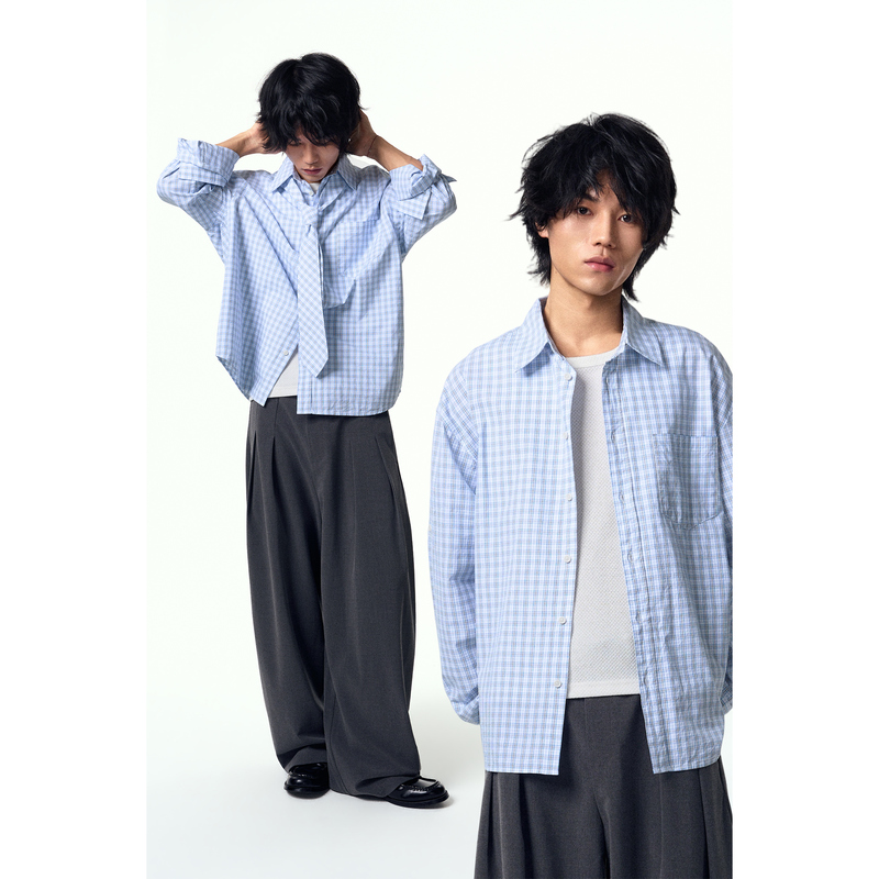 Tip Lazy Style Plaid Blue Long Sleeve Shirt with Lapel and Pockets, Loose Fit Men's Trendy Brand Shirt for Couples Tip Lazy Style Plaid Blue Long Sleeve Shirt with Lapel and Pockets, Loose Fit Men's Trendy Brand Shirt for Couples