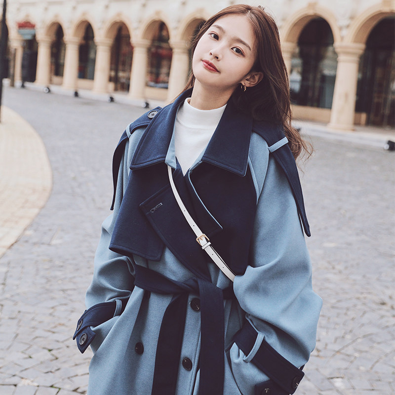 Stitched contrast woolen coat women's mid-length over-the-knee 2021 winter new Korean version loose popular Hepburn style coat