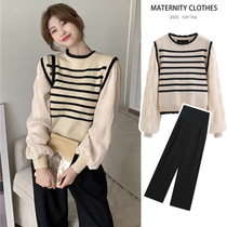 Maternity wear spring suit fashionable top striped patchwork knitted sweater fashionable outer wear spring and autumn two-piece set