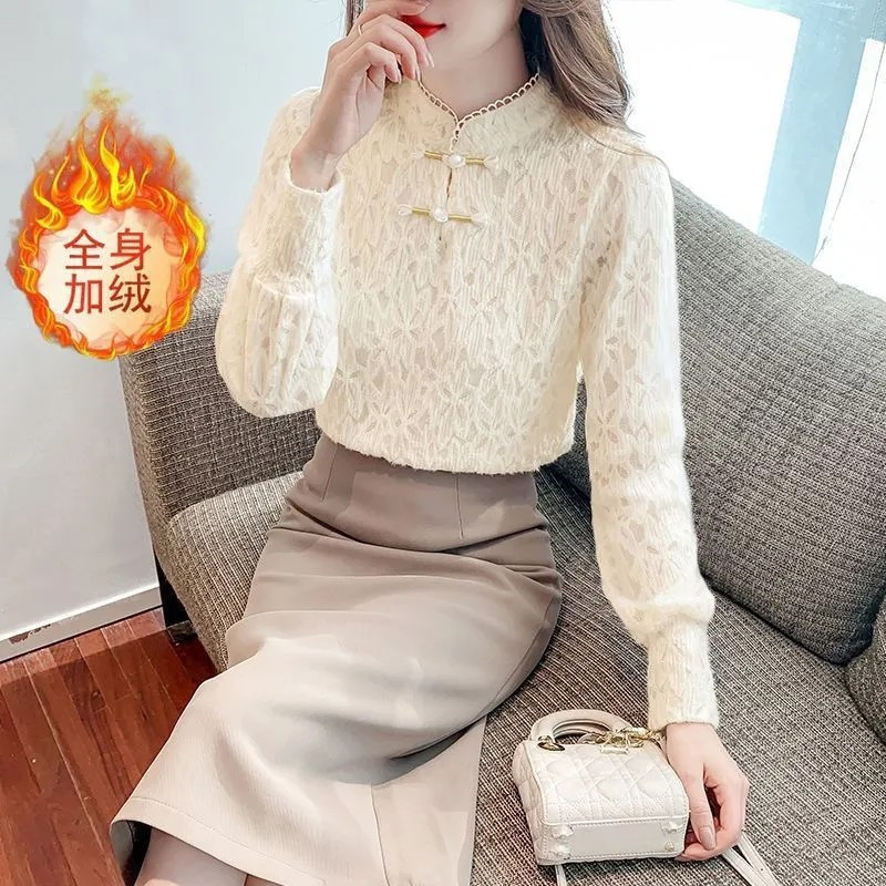 Fleece-Lined Lace Base Shirt for Women, 2026 Autumn and Winter, Warm, Slimming, Stylish, Vintage Embroidered Inner Wear, New Chinese-Style Top Fleece-Lined Lace Base Shirt for Women, 2026 Autumn and Winter, Warm, Slimming, Stylish, Vintage Embroidered Inner Wear, New Chinese-Style Top