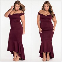 Sexy elegant one-collar off-shoulder V-collar plus size xl bag hip fishtail long dress Party formal evening dress women
