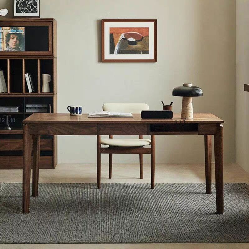 North American Black Walnut Desk with Built-In Storage Drawers, Home Study Desk, Office Study, Multi-Functional Computer Desk