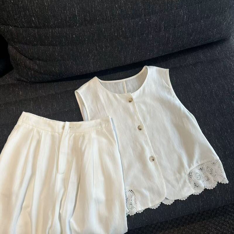 5.25 (No Returns, No Exchanges) 70% Lyocell 30% Linen Lace Embroidered Hem Vest Set