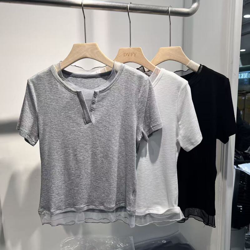 5.19 (No Returns, No Exchanges) Mesh Patchwork Top with a Neckline