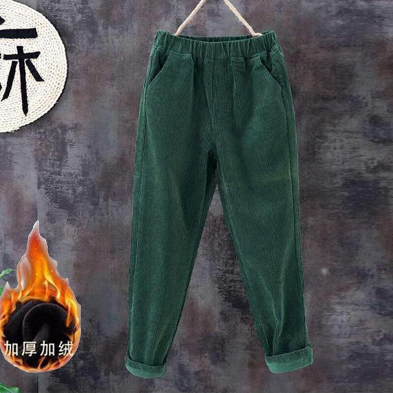 Fleece-Lined Dark Green Corduroy Casual Pants for Women, New Autumn and Winter Thickened High-Waisted Loose Corduroy Harem Pants