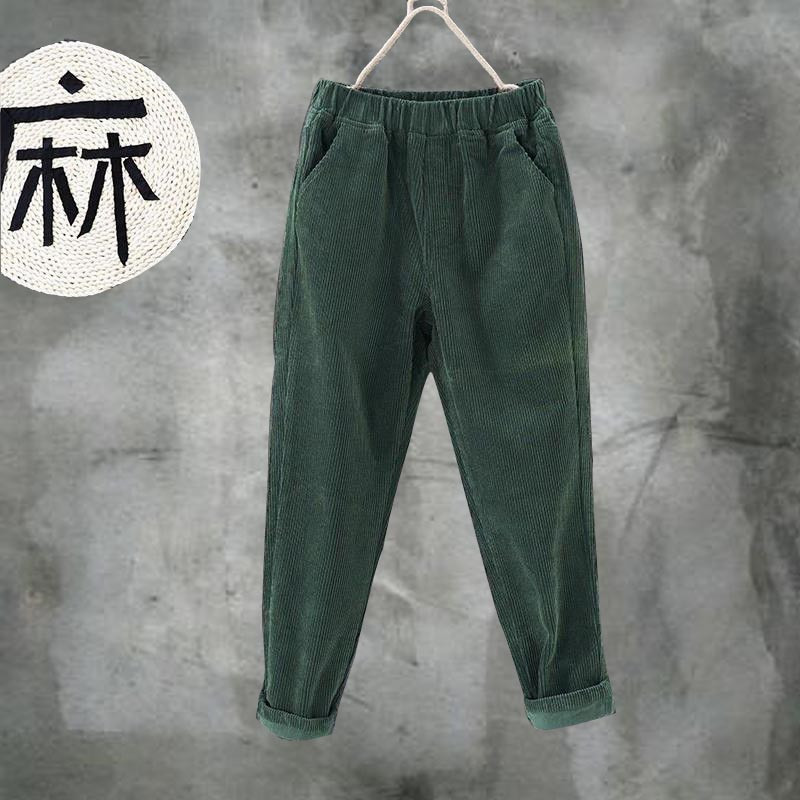 Dark Green Corduroy Pants Women's Pants Autumn and Winter Harem Pants Fine Corduroy Carrot Pants Loose Large Size Casual Long Pants