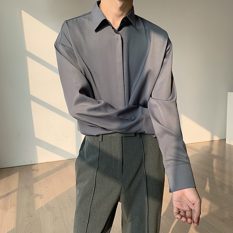 Summer High-End Chiffon Shirt for Men, Light and Mature Style, Long-Sleeved, Slim-Fitting, No-Iron, Drapey Ice Silk Shirt