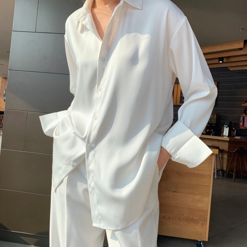 High-End Shirt ins Korean Style Chiffon Ice Silk White Shirt for Men Summer Long-Sleeved Drapey No-Iron Loose Jacket