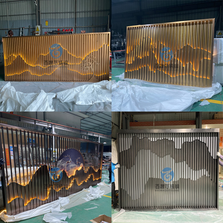 Stainless Steel Screen Brief Yogam Guan Fake Mountain Background Wall Light Lavish Villa Grilles Wire Drawing Rose Gold Partition Customize