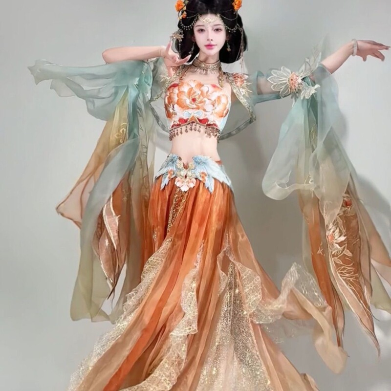 2026 New Summer Design [Yingxiu] Orange Exotic Style Heavy Embroidery Strapless Dress with Large Sleeves Ethnic Style