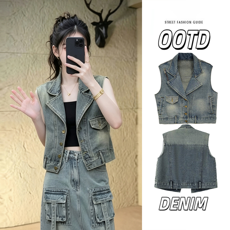 Women's Denim Vest, Summer Thin Style, Vintage, Age-Reducing, Sleeveless Outerwear, Vest, Short Jacket, Top
