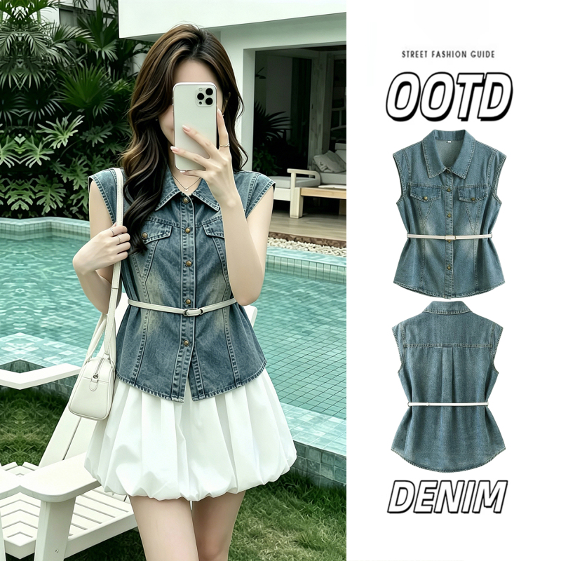 Denim Vest for Women, Summer Thin Style, Korean Retro Style, Waist-Cinching with Ties, Slimming, Small Flutter Sleeves, Polo Collar, Sleeveless Shirt Top Denim Vest for Women, Summer Thin Style, Korean Retro Style, Waist-Cinching with Ties, Slimming, Small Flutter Sleeves, Polo Collar, Sleeveless Shirt Top