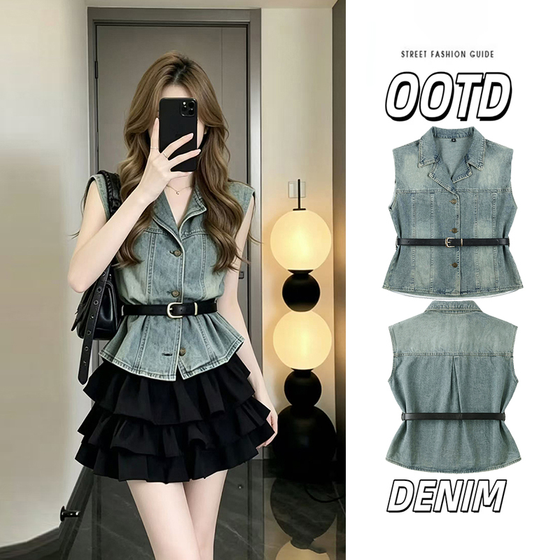 Sleeveless Denim Vest for Women, 2026 New Summer Thin Style, Fashionable and Stylish, Waist-Cinching with Tie, Slimming Shirt Top Sleeveless Denim Vest for Women, 2026 New Summer Thin Style, Fashionable and Stylish, Waist-Cinching with Tie, Slimming Shirt Top