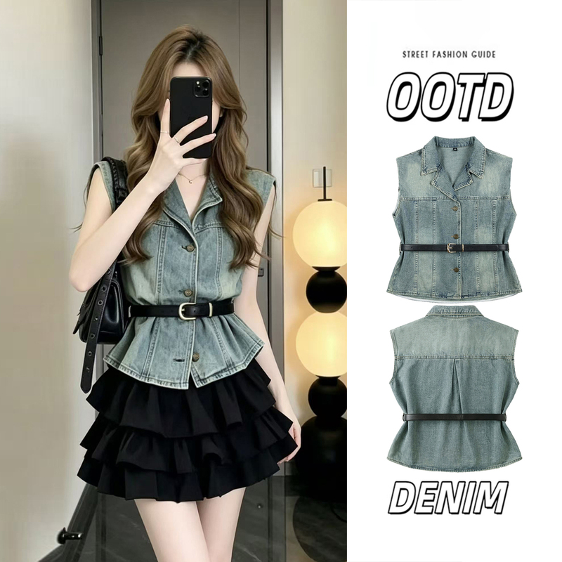 Sleeveless Denim Vest for Women, 2026 New Summer Thin Style, Fashionable and Stylish, Waist-Cinching with Tie, Slimming Shirt Top Sleeveless Denim Vest for Women, 2026 New Summer Thin Style, Fashionable and Stylish, Waist-Cinching with Tie, Slimming Shirt Top