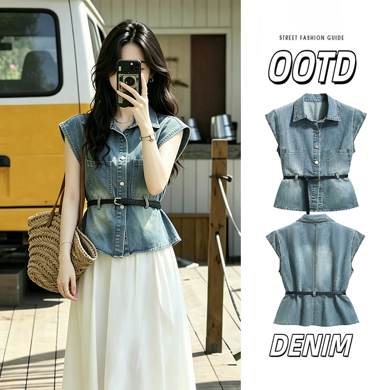 Women's Thin Denim Vest with Flutter Sleeves, Summer Vintage Design, Waist-Cinching Tie, Sleeveless Shirt Top Women's Thin Denim Vest with Flutter Sleeves, Summer Vintage Design, Waist-Cinching Tie, Sleeveless Shirt Top
