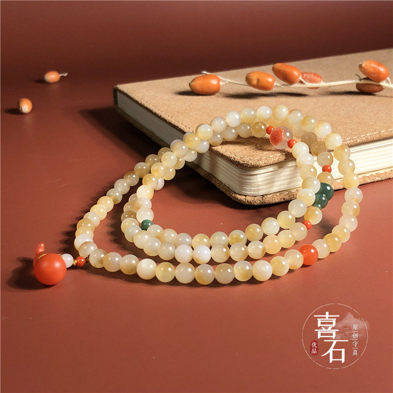(Support re-inspection) Xishi Xinjiang Hetian jade sugar white jade round beads 108 bracelet sugar jade old sugar bead chain