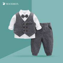 moodbox full moon newborn baby products male treasure cotton gentleman bow tie ins double-breasted climber suit three-piece suit