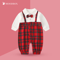 moodbox full moon newborn supplies spring ins National style Plaid climbing suit long sleeve fake two piece strap pants