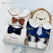 moodbox Newborn baby products full moon gift box Mens treasure spring and summer pure cotton long-sleeved knitted one-piece suit