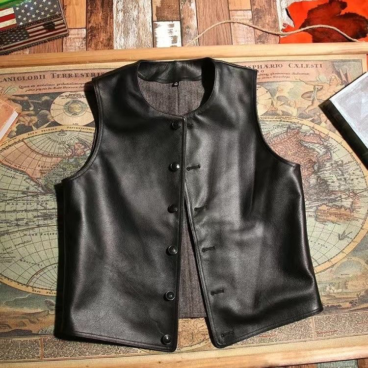 2026 Autumn/Winter New Leather Vest for Men, Round Neck, Versatile, Japanese Retro Slim Fit Workwear Vest, Casual Trendy Vest
