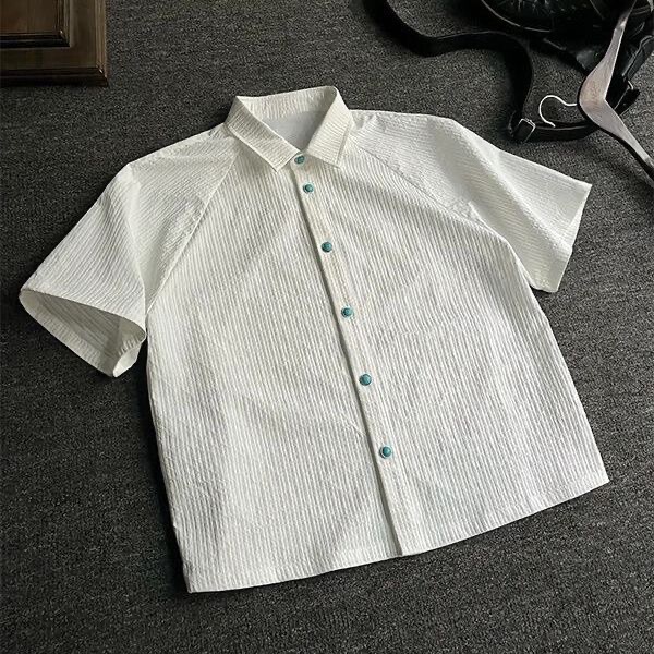 Ocean Turquoise Short-Sleeved Shirt for Men, Summer Textured Pleated Turquoise Shirt, Old Money Style Casual Half-Sleeved Shirt