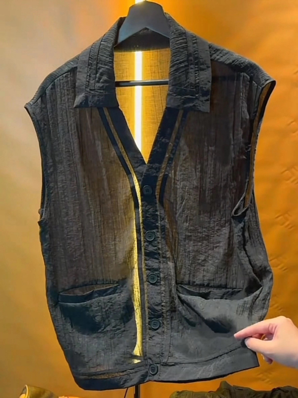 Trendy Brand ins Niche Fashion Patchwork Summer Lightweight Breathable Sleeveless Shirt Men's Casual Pleated Vest Top