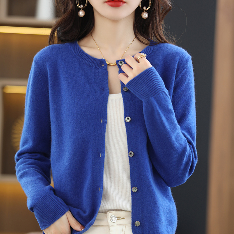 Autumn New Knitted Cashmere Sweater for Women, Round Neck Cardigan, Long-Sleeved Coat, Solid Color Casual Pure Wool Sweater