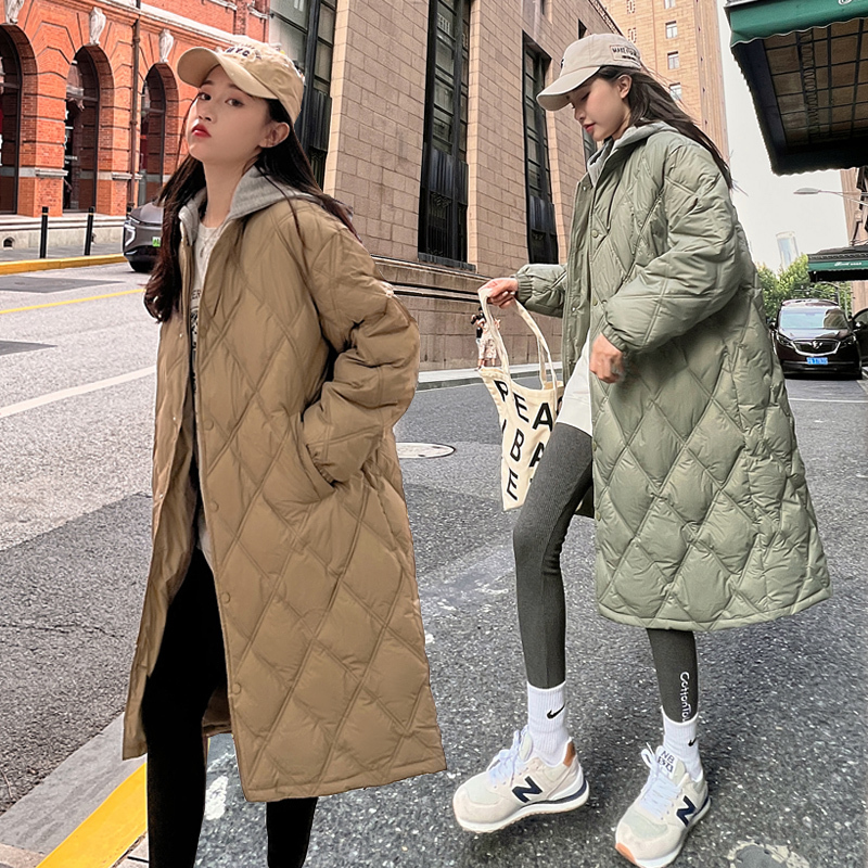 2025 Autumn and Winter New Lightweight Cotton Coat for Women, Long Over-The-Knee Loose down Cotton Jacket with Diamond Pattern, Fake Two-Piece Outerwear