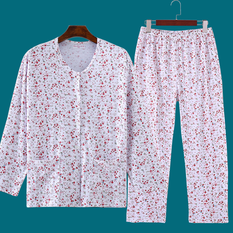 Middle-Aged and Elderly Women's Summer Cardigan, Autumn Printed Long-Sleeve Front-Button Cotton Underwear, Pajamas, and Pure Cotton Set