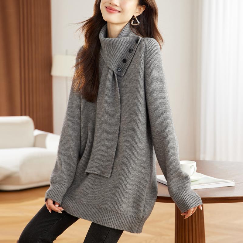 超かっこいいデザインのボタンスカーフセーターレディース秋冬韓国ゆったりレイジースタイルミディアムロングニットセーター厚手