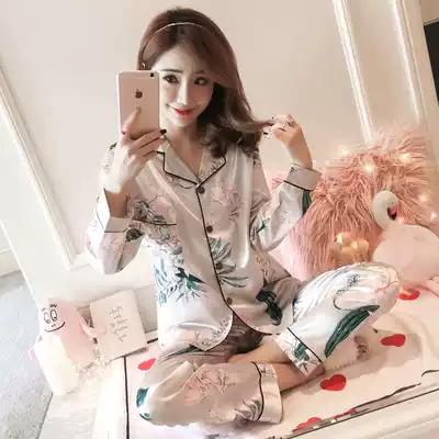 Wide painting home clothes women lily flower pajamas women Spring and Autumn long sleeves sweet fresh ice silk cardigan set thin