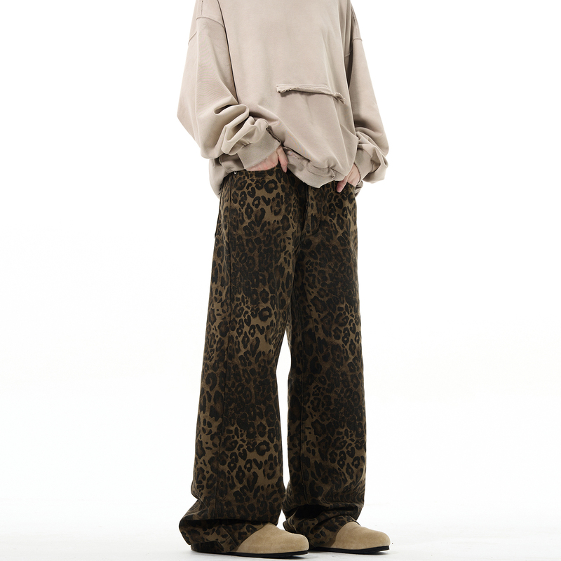 Madwitch Original New American Retro Leopard Print Jeans Straight Loose Men's Vintage Casual Pants
