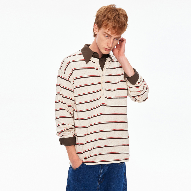 Madwitch Linen Blend Color-Block Striped Knit Long-Sleeve Top Unisex Loose Casual Workwear T-Shirt ins