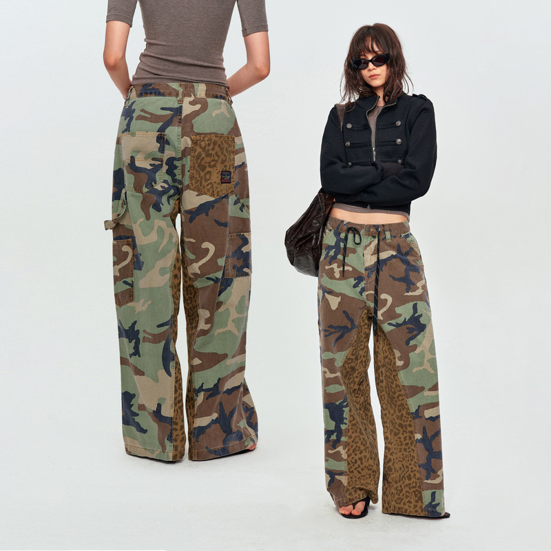 Madwitch Camouflage Patchwork Leopard Print Cargo Pants Wide-Leg Drawstring Multi-Pocket Washed Loose American-Style Straight-Leg Trousers