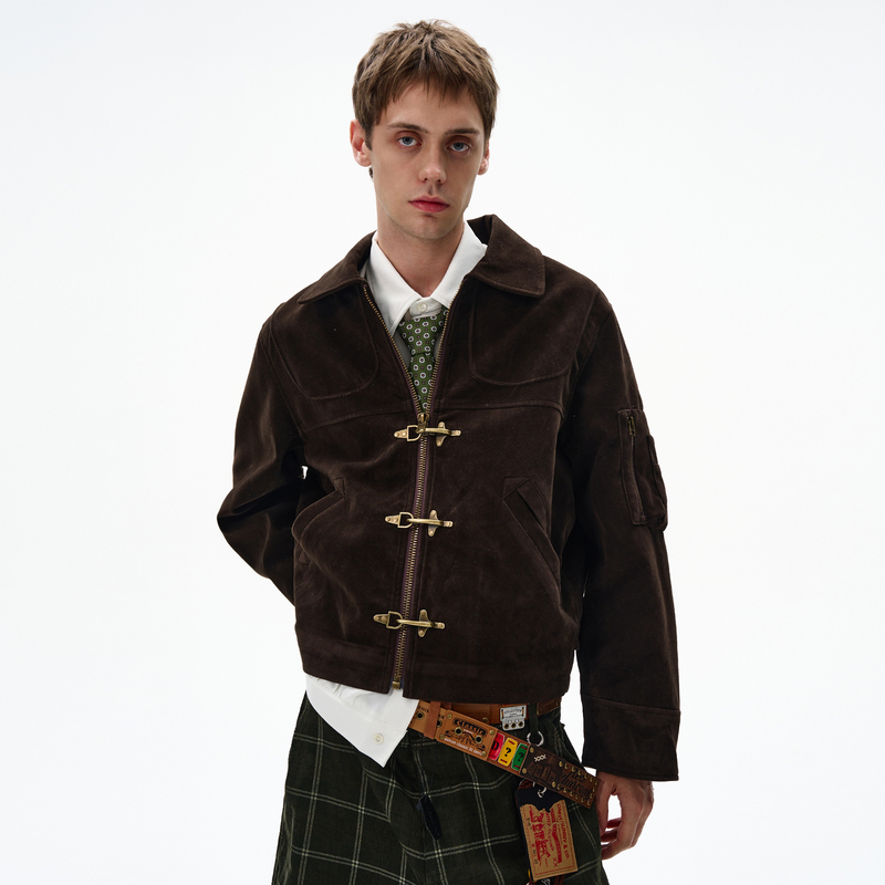 Madwitch Deconstructed Patchwork Aviator Buckle Short Jacket Unisex Retro Distressed Vintage Suede Jacket ins