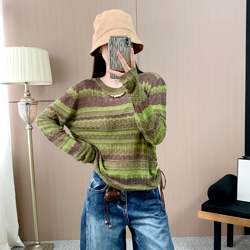 Striped Drawstring Design Knit Sweater for Women, Autumn and Winter Loose Fit, Color-Blocking, Lazy Style, Korean Fashion Top