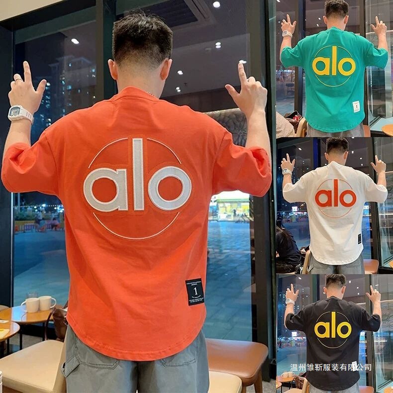 2026 Summer New Style Alo Round Neck Pure Cotton Short-Sleeved Men's Embroidered Letter American T-Shirt Men's Trendy Top Men's Style