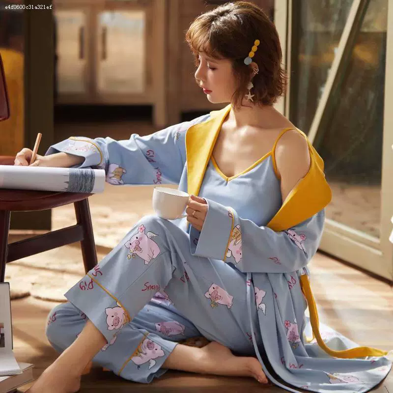 Bộ đồ ngủ bà bầu quần áo giam giữ mùa xuân và mùa thu cotton tinh khiết sau sinh quần áo cho con bú tại nhà dịch vụ ba mảnh phù hợp với mùa thu và mùa đông Tháng mười một - Giải trí mặc / Mum mặc