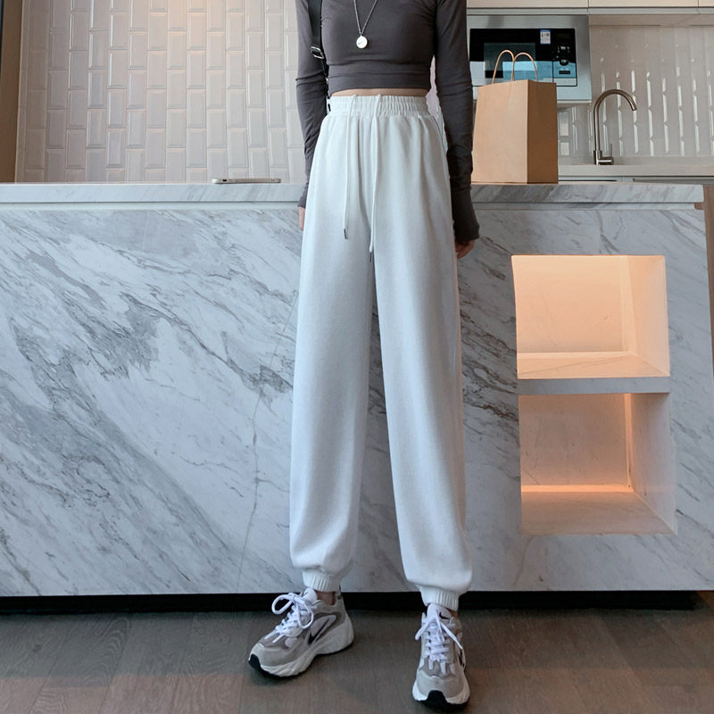 White Bunches Sports Pants Women Spring Autumn 2021 New High Waist Loose Straight Barrel Casual Haryncen Pants Summer Thin