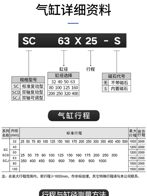 piston khí nén mini Dòng xi lanh SC nhỏ khí nén lớn có lực đẩy lớn xi lanh tiêu chuẩn hành trình dài 32X40X63X80X100 piston khí nén 2 chiều tính lực đẩy xi lanh khí nén