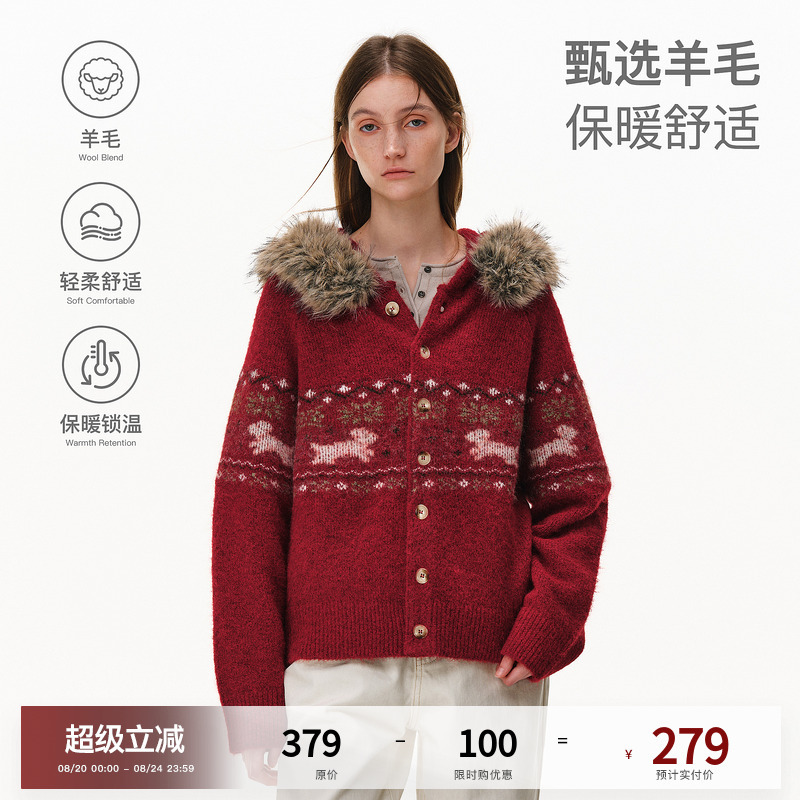 Pclp'Wool Blend' Fair Isle Detachable Fur Collar Hooded Sweater Winter National Fashion Brand Loose Knitwear